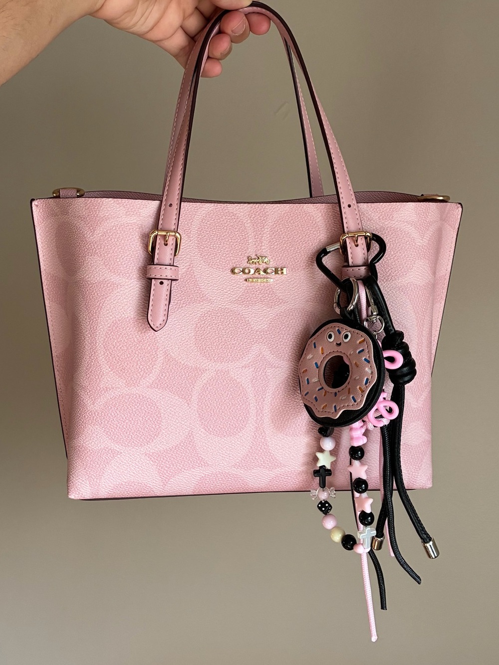 Chocolate Donut Pink & Black Charm Keychain with Bead Tassel